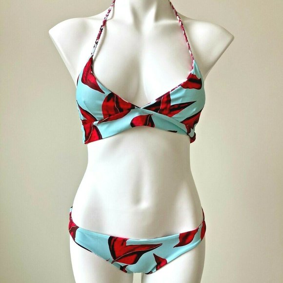 Cupshe Bikini Swimsuit Size S Aqua Red Floral 2 Piece Bathing Suit Beach Cruise - Picture 2 of 12